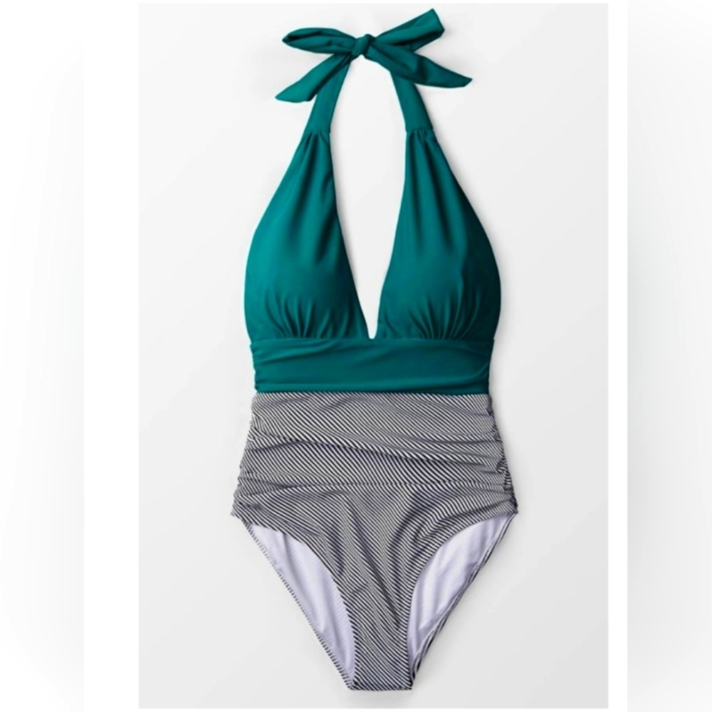 CUPSHE Size XL Teal and Striped Halter One-Piece